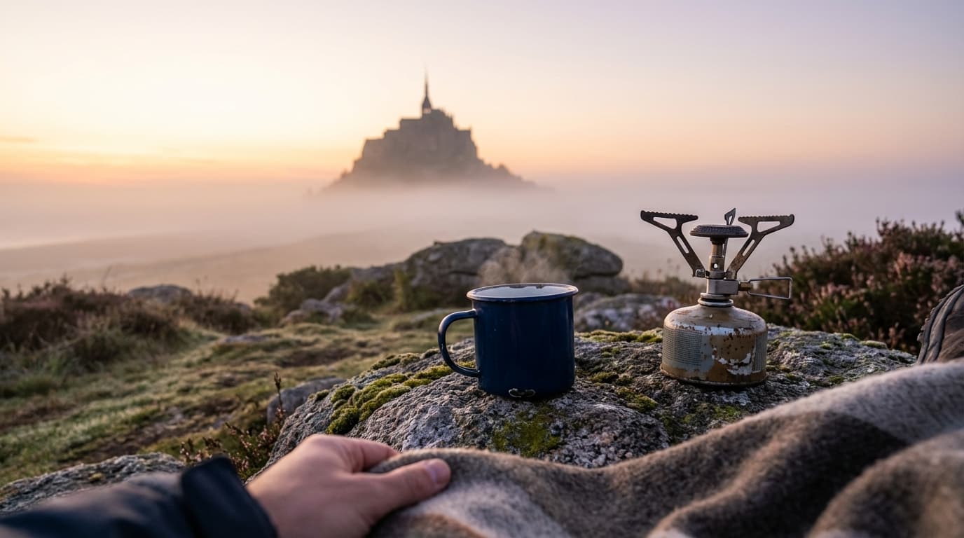 Café matinal face au Mont Saint-Michel lors d'une session de camping sauvage