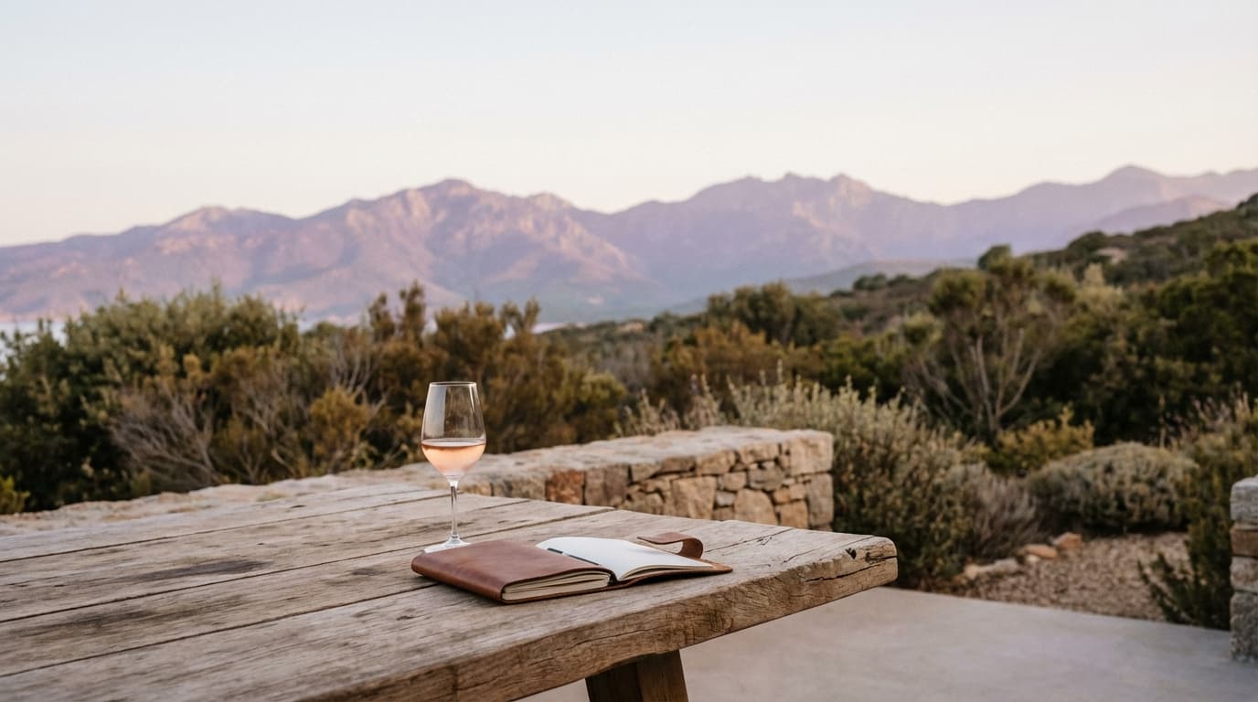 Terrasse paisible avec vue sur les montagnes corses, illustrant la vie quotidienne