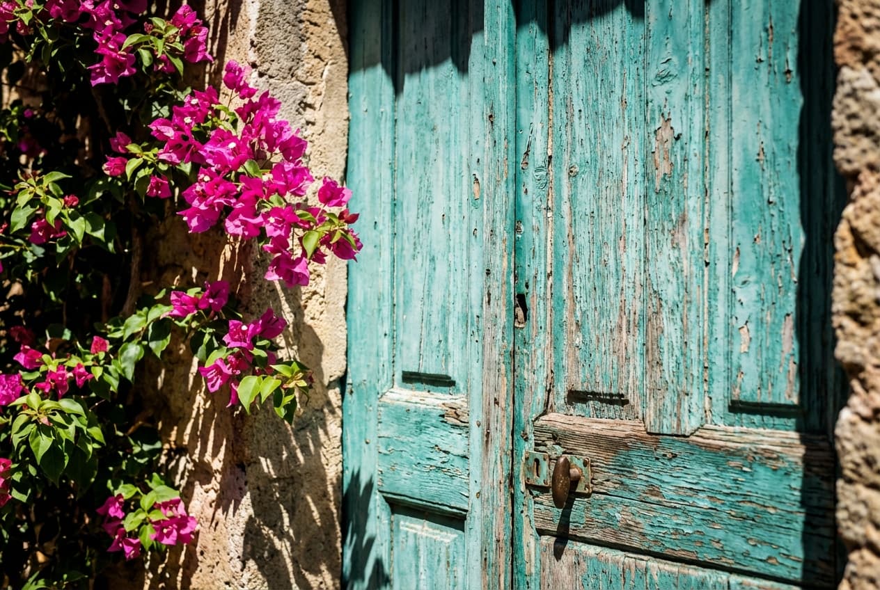 Porte traditionnelle en bois d'un village corse sous le soleil
