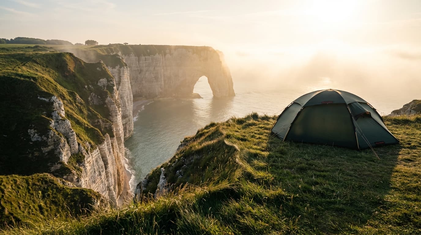 Une tente de camping isolée au sommet des falaises d'Étretat au lever du soleil en Normandie