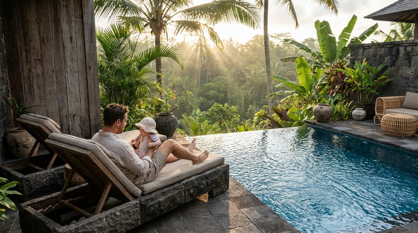 Moment de détente en famille dans une villa de luxe avec piscine à Bali.