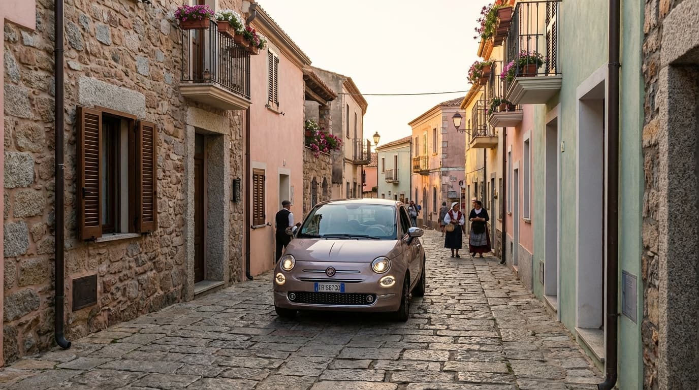 Une petite voiture circulant dans les ruelles étroites et colorées d'un village traditionnel sarde