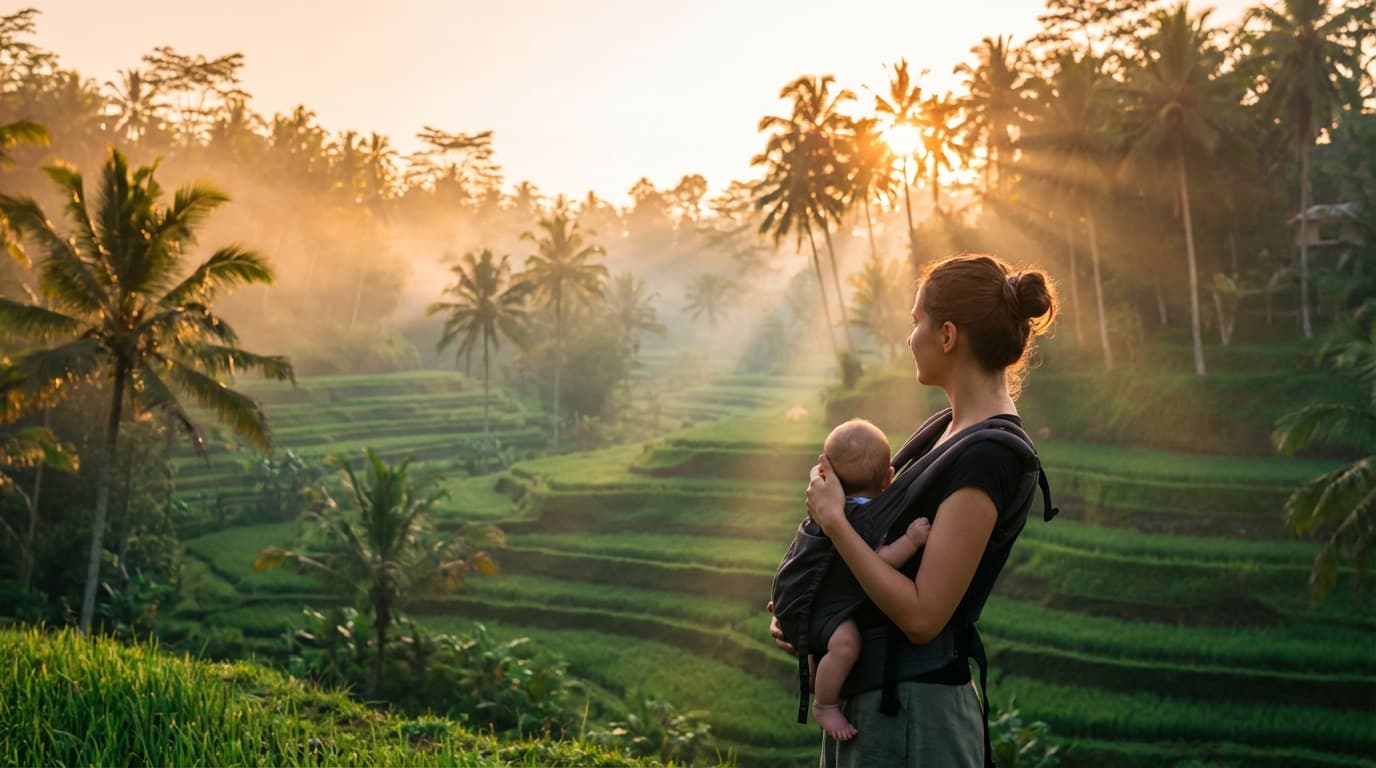Une mère avec son bébé dans un porte-bébé face aux rizières de Tegalalang à Bali au lever du soleil.