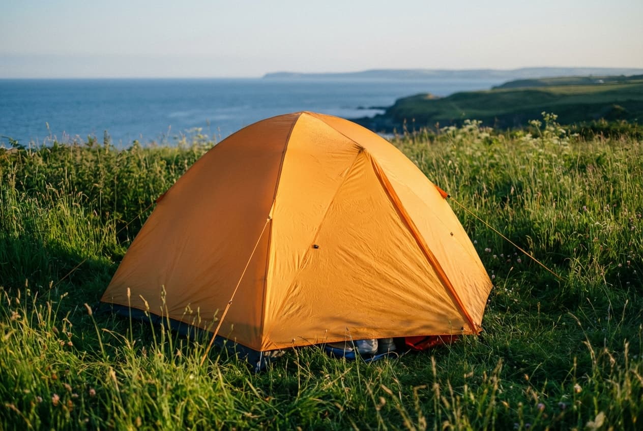Une tente de camping orange contrastant avec le paysage verdoyant de Normandie