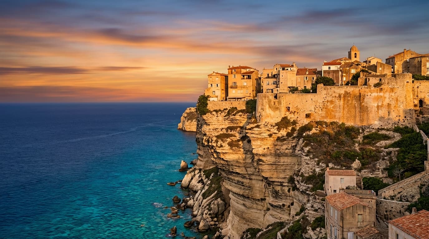 Vue panoramique épique des falaises de Bonifacio au coucher du soleil, symbolisant l'installation en Corse