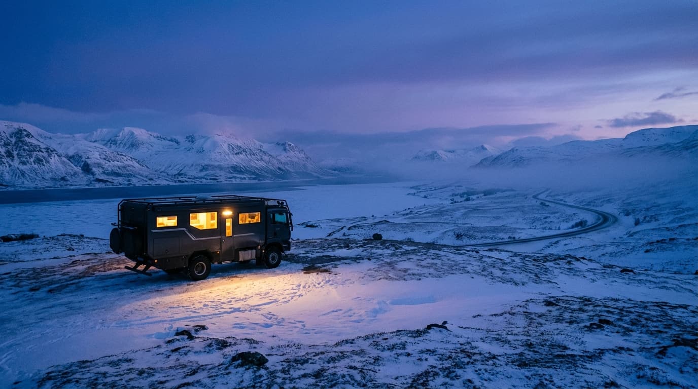Confort thermique en camping-car par temps hivernal Un camping-car d'expédition de luxe stationné dans un paysage enneigé sous un ciel de crépuscule