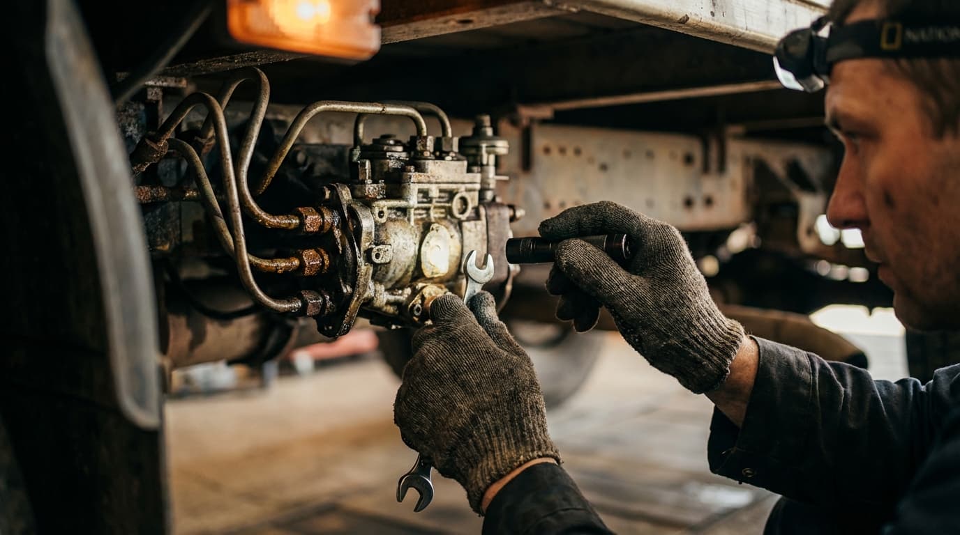 Maintenance technique d'un système de chauffage Main d'un technicien inspectant les composants d'un chauffage au gasoil sous un camping-car