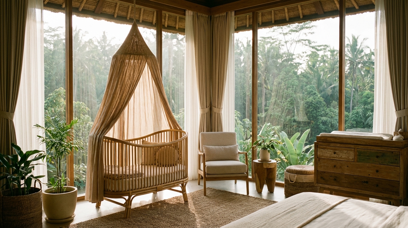 Intérieur d'une villa de luxe à Bali aménagée pour un bébé