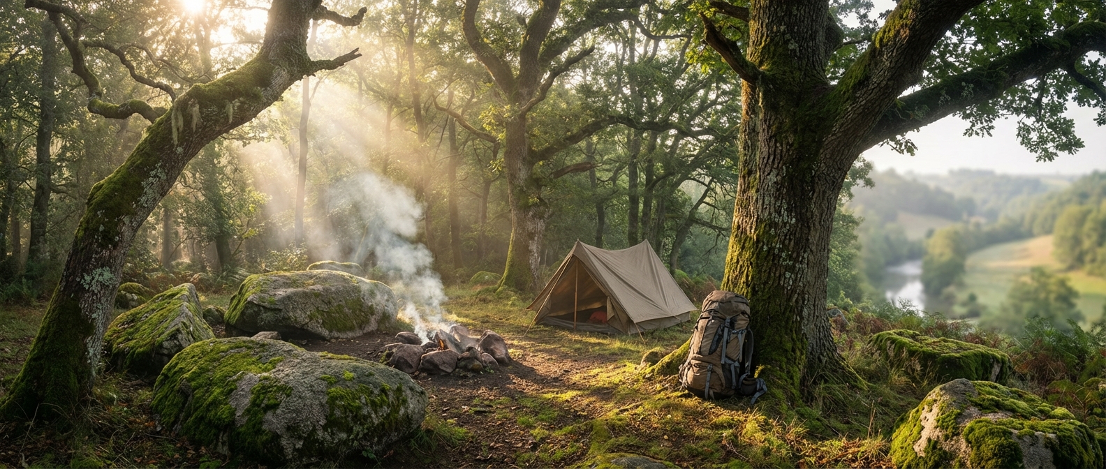 Campement de bivouac paisible au cœur de la forêt en Suisse Normande.