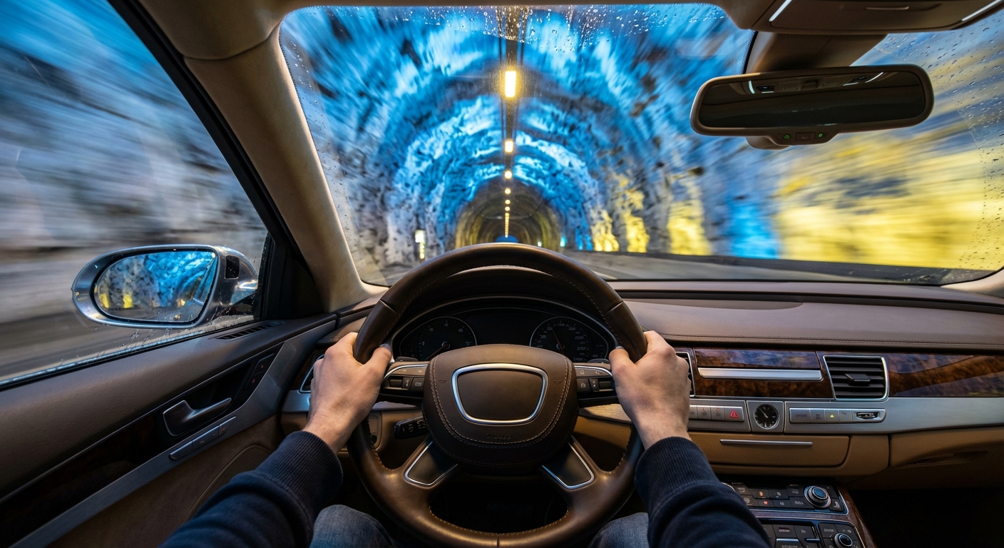Vue depuis l'intérieur d'une voiture traversant le tunnel de Lærdal avec ses lumières bleues emblématiques.