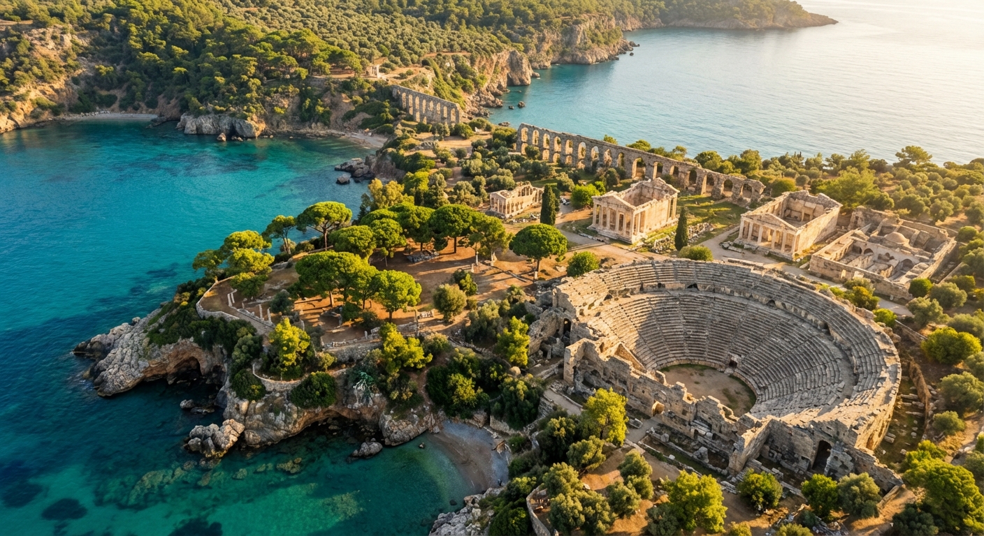 Ruines antiques romaines bordant la mer turquoise à Antalya