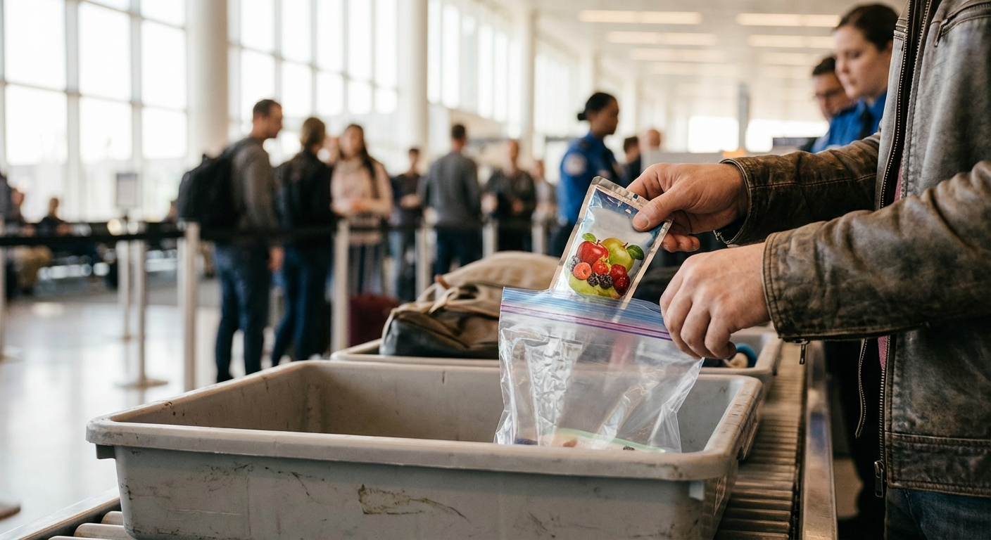 Passager préparant ses collations dans un sac transparent lors du contrôle de sécurité à l'aéroport.