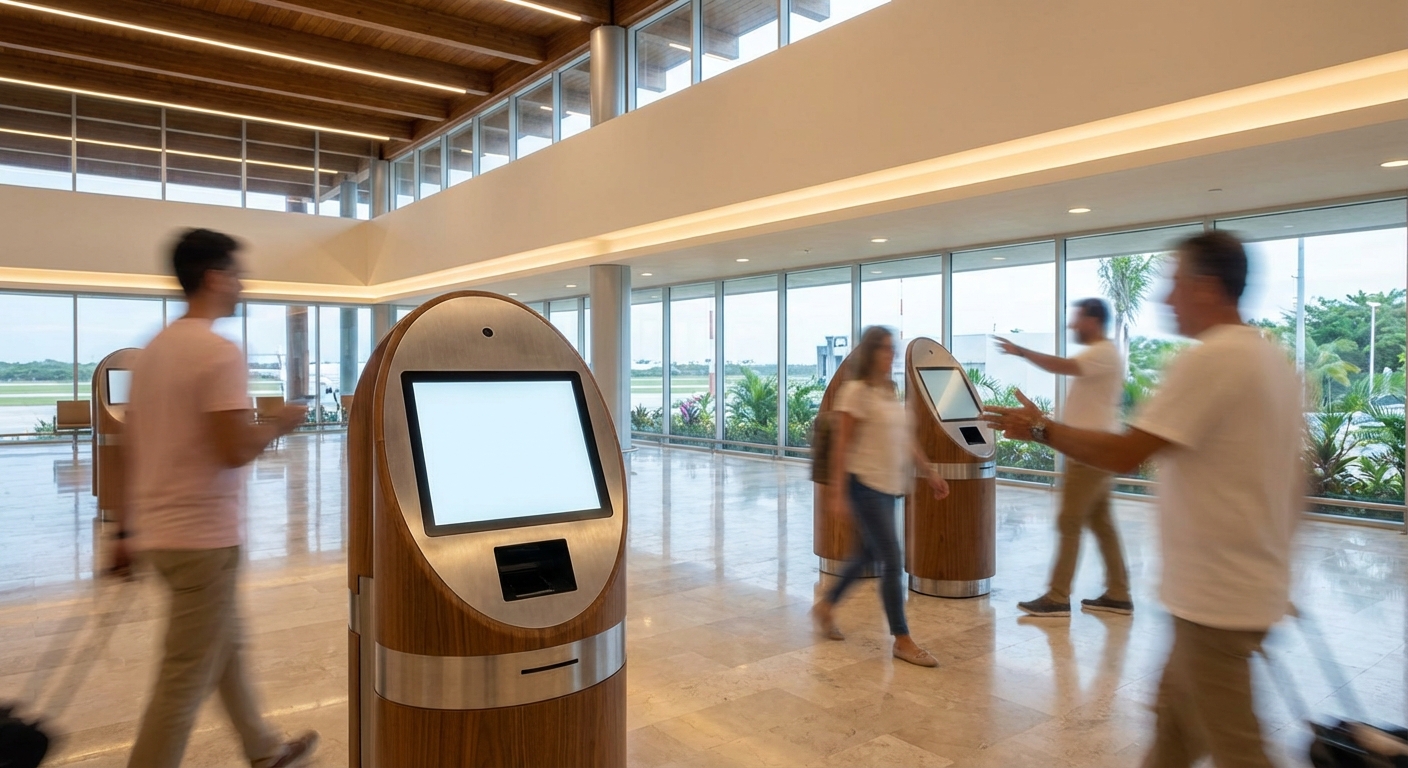 Vue intérieure d'un terminal d'aéroport moderne au Mexique avec des bornes de paiement