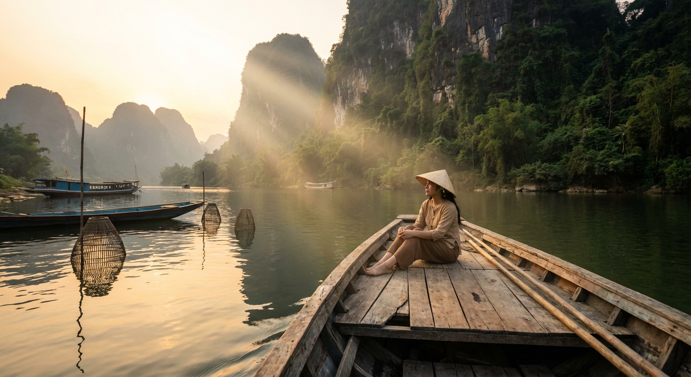 Une femme seule sur un bateau traditionnel naviguant sur le Mékong au coucher du soleil.