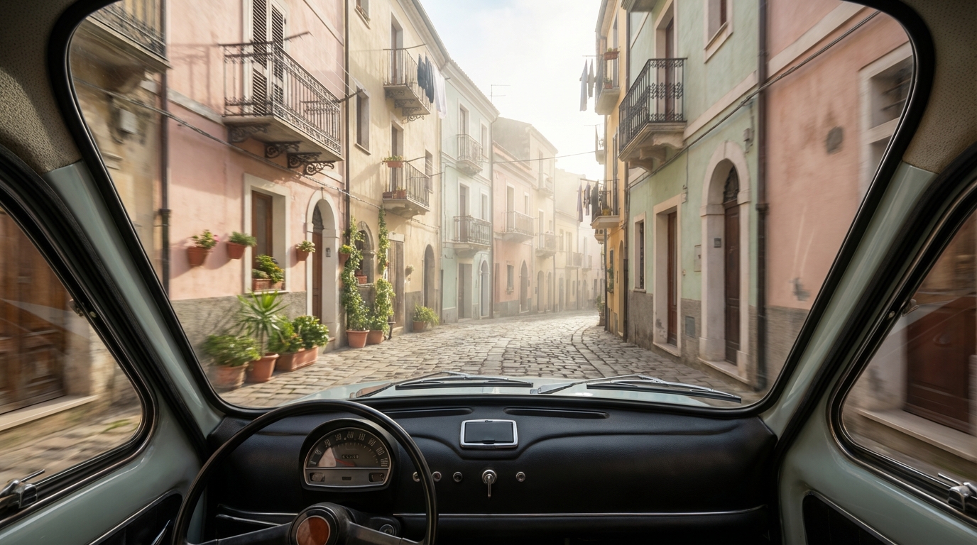 Vue depuis l'intérieur d'une voiture traversant une ruelle étroite et colorée dans un village typique de Sardaigne.