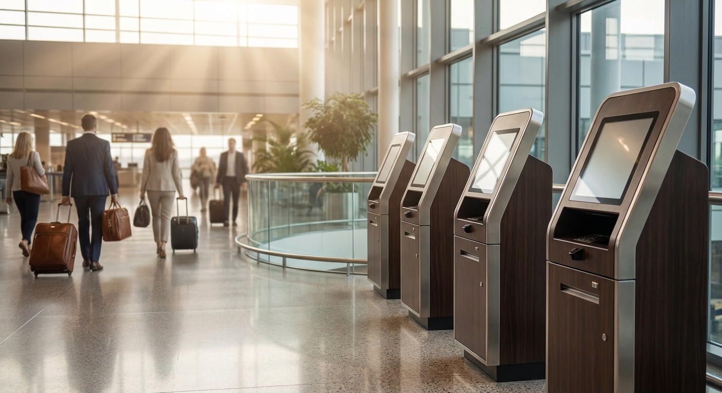 Bornes d'enregistrement modernes dans un terminal d'aéroport lumineux et luxueux.