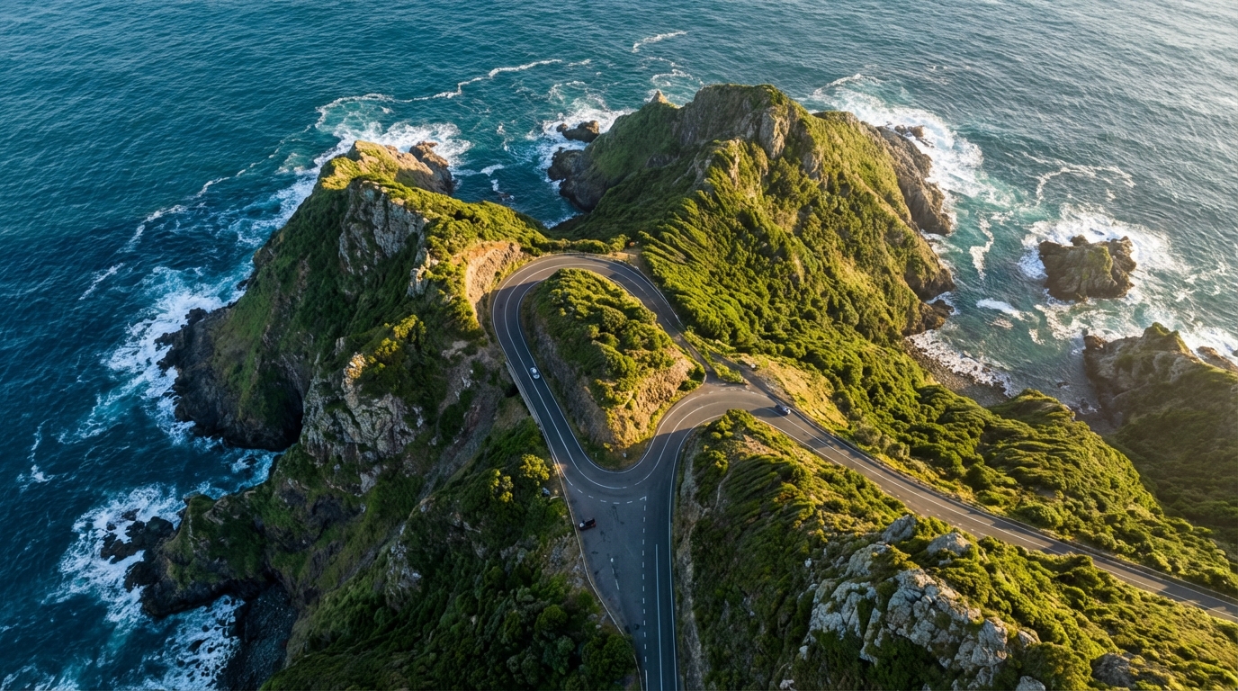 Vue aérienne spectaculaire d'une route côtière sinueuse à flanc de falaise.