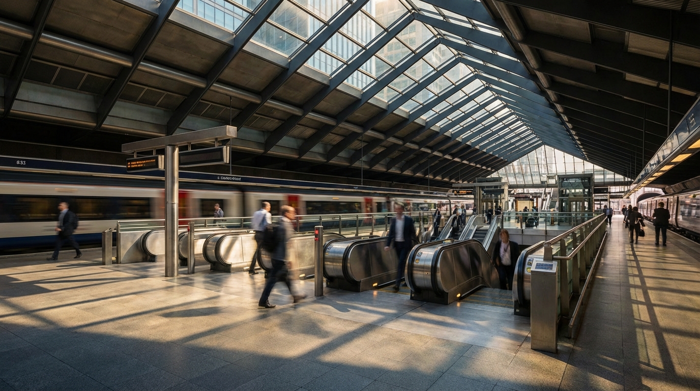 Vue intérieure majestueuse d'une grande gare londonienne moderne avec des jeux de lumière