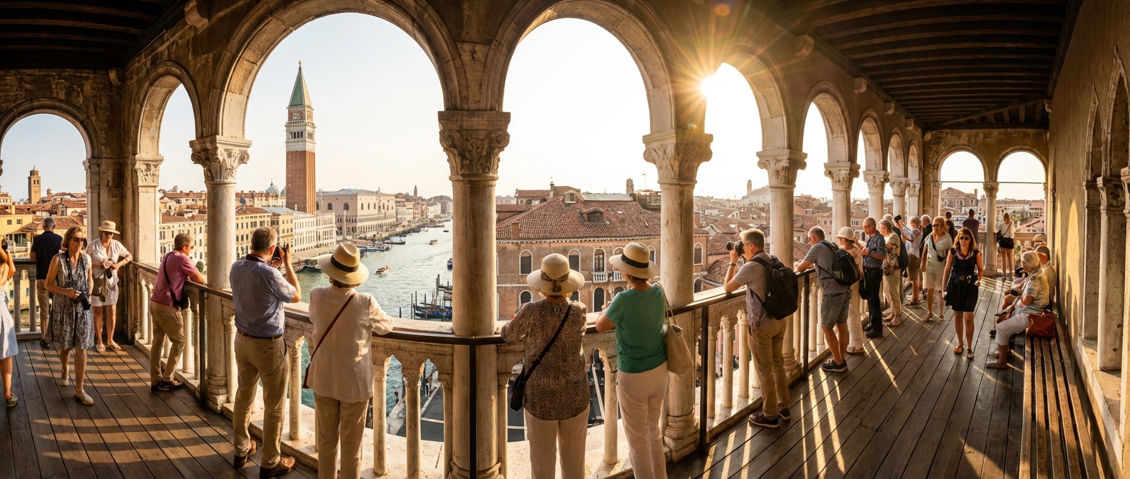 Visiteurs admirant la vue panoramique sur Venise depuis la plateforme d'observation du T Fondaco