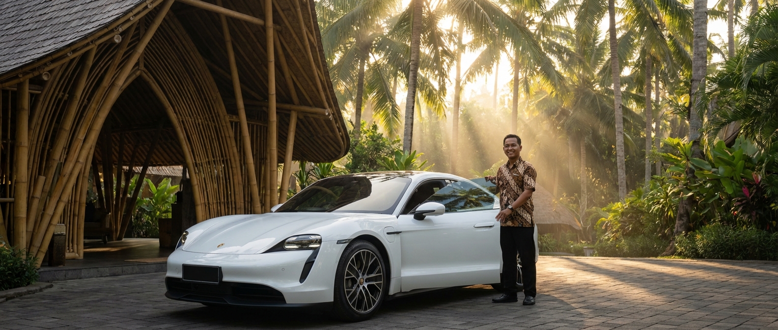Une voiture de transport haut de gamme arrivant devant un hôtel de luxe à Lombok