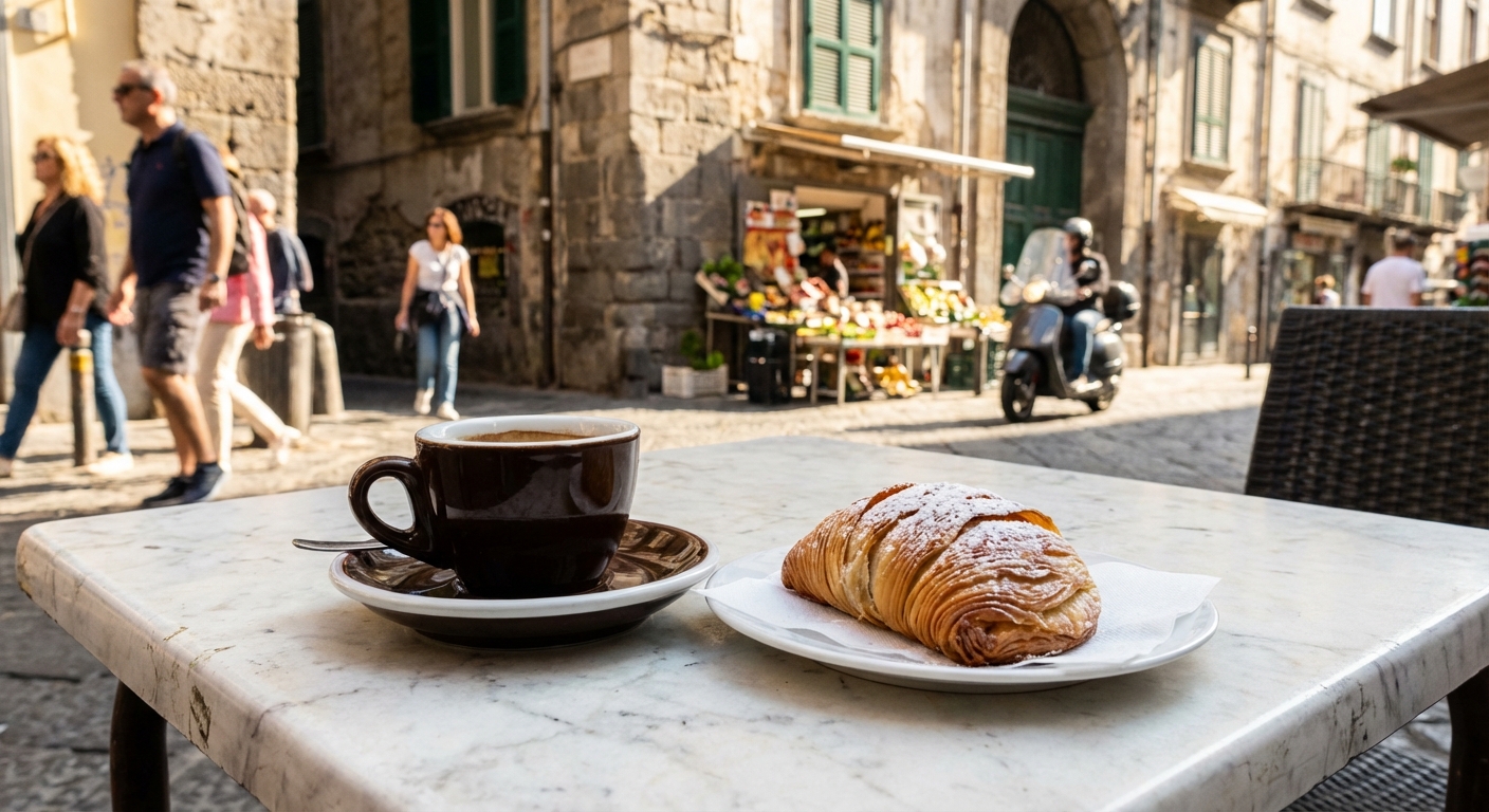 Petit-déjeuner typique en terrasse dans une rue historique du centre de Naples.