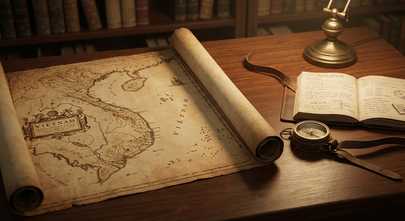 Gros plan d'une carte ancienne et d'une boussole illustrant la géographie du Vietnam