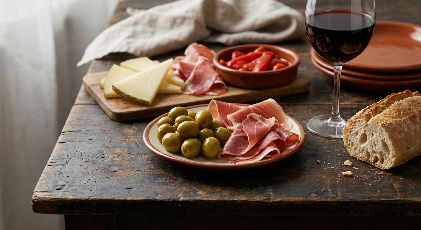 Photographie culinaire haut de gamme de tapas espagnoles et vin, style magazine.