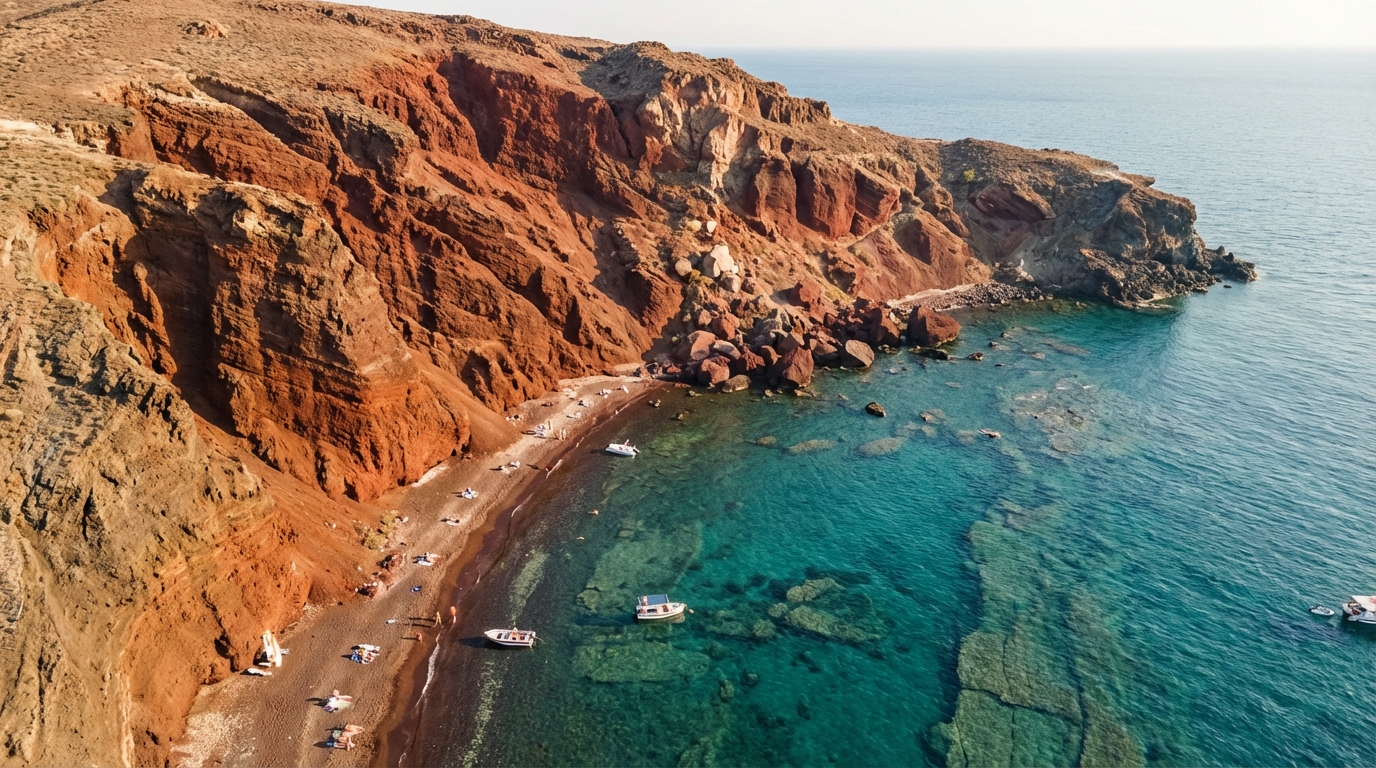 Vue aérienne détaillée de la plage rouge de Santorin et ses falaises volcaniques