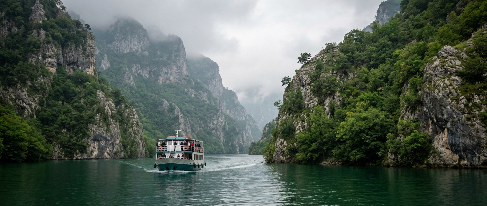 Le ferry du lac Koman naviguant entre les falaises spectaculaires des Alpes albanaises