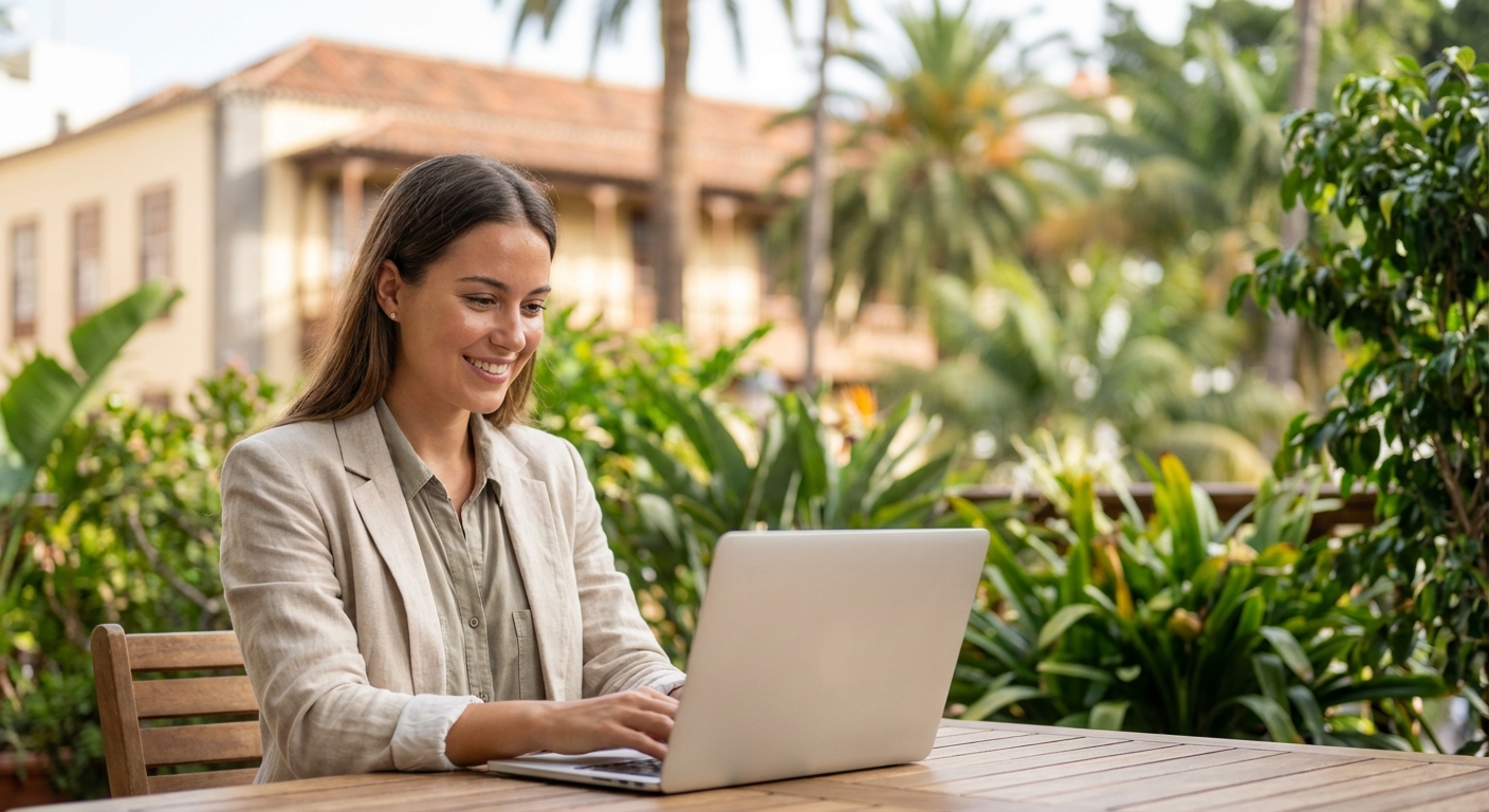 Un expatrié travaillant à distance sur une terrasse arborée à Tenerife