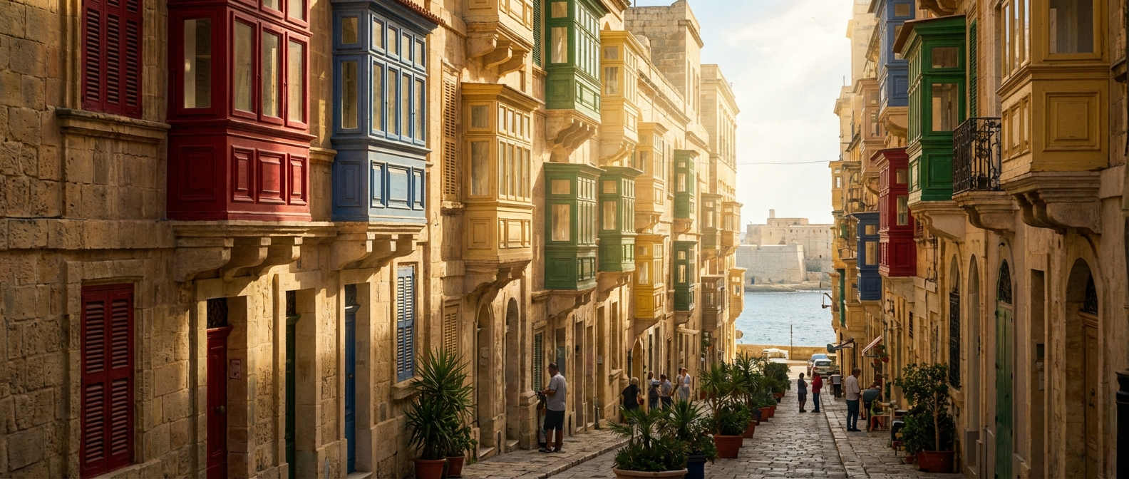 Ruelle typique de La Valette avec ses balcons colorés et vue sur la mer Méditerranée.