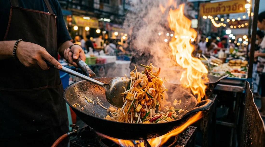 Détail culinaire : préparation de cuisine de rue thaïlandaise