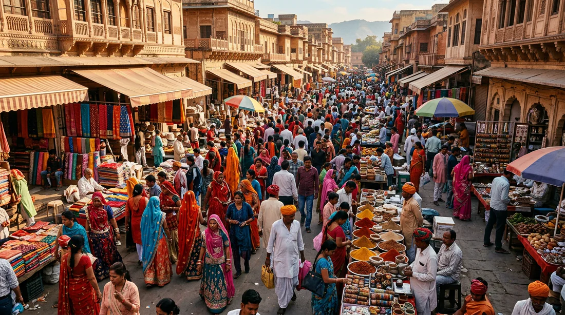Vue aérienne d'un marché indien animé avec une diversité de vêtements colorés