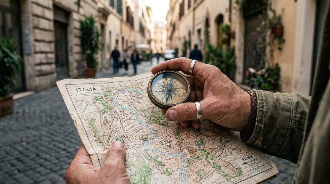 Détail d'un voyageur consultant une carte et une boussole