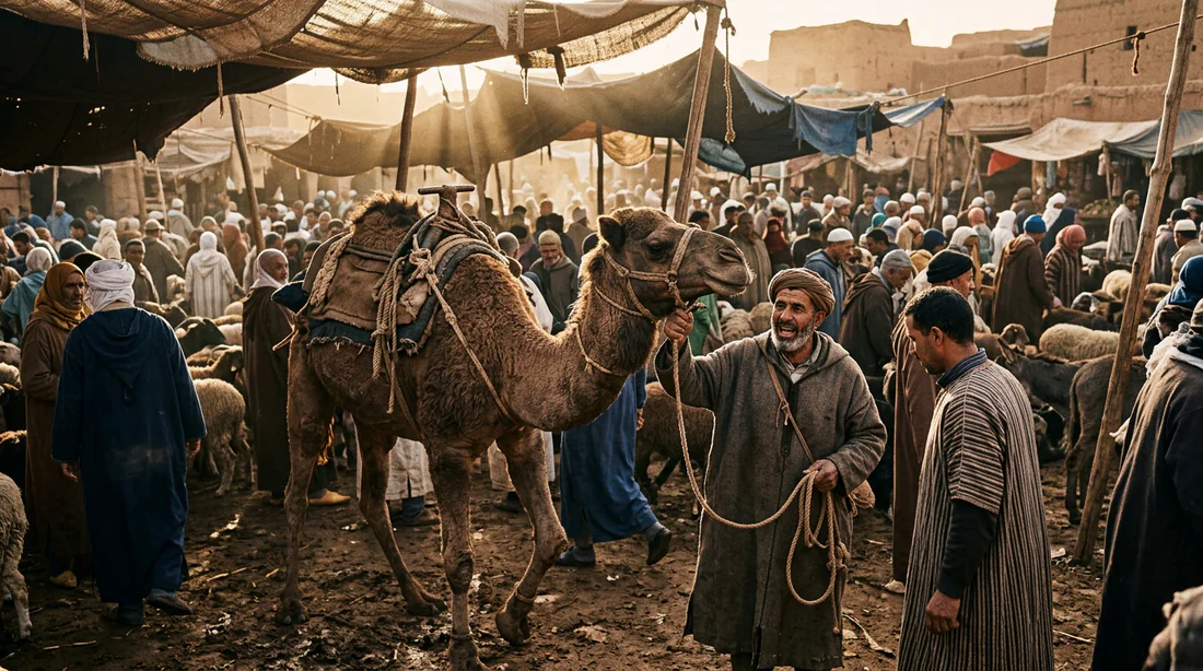 Marché aux bestiaux traditionnel au Maroc mettant en scène un commerçant et un chameau.
