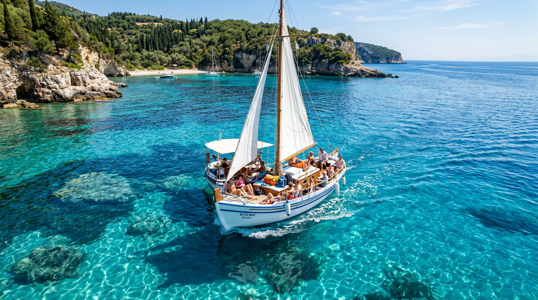 Un bateau traditionnel naviguant sur les eaux cristallines de la mer Égée