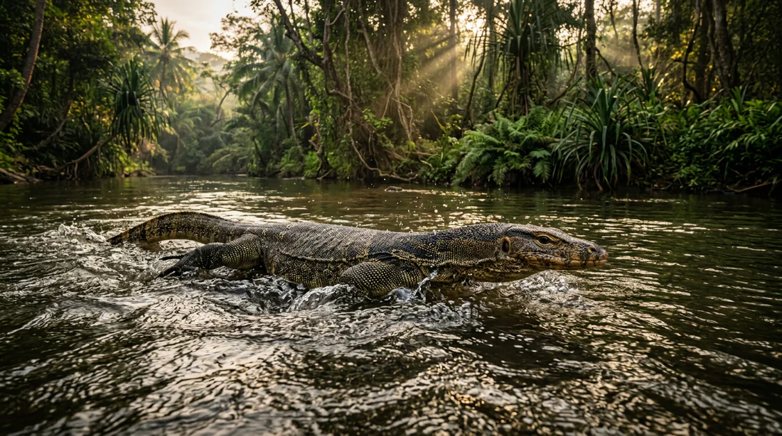 Un varan dans l'eau illustrant le comportement aquatique de l'animal