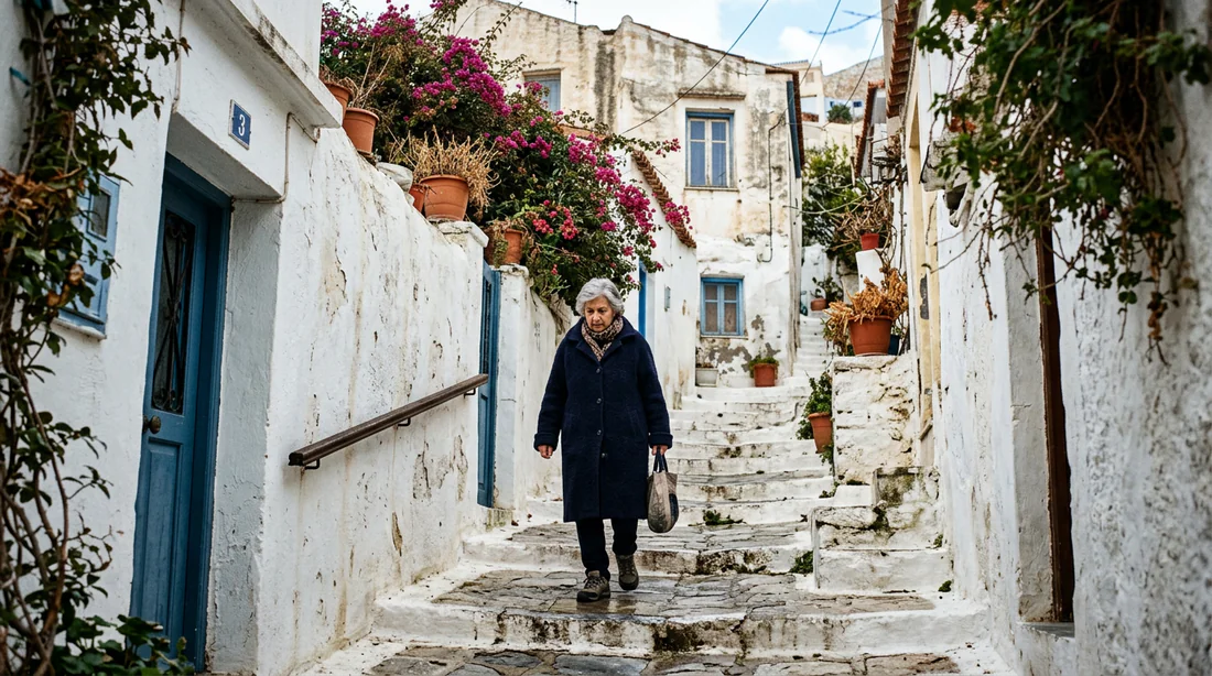 Ruelle pittoresque du quartier d'Anafiotika à Athènes en plein hiver