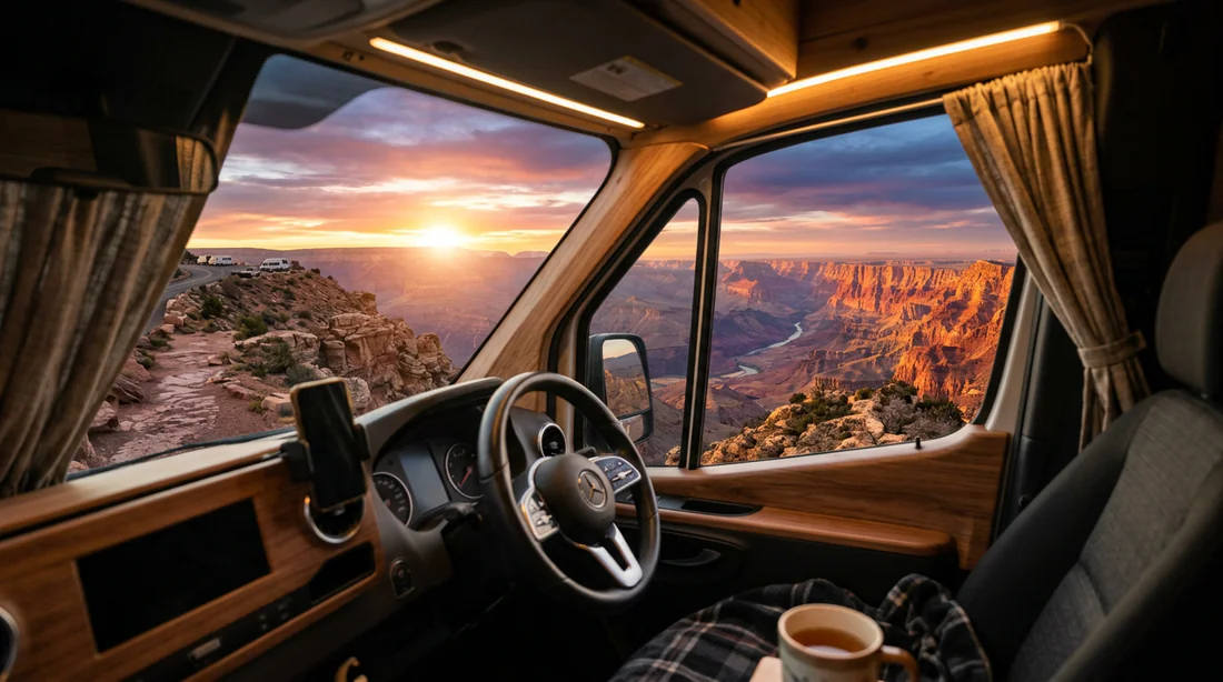Vue depuis l'intérieur d'un camping-car donnant sur le Grand Canyon au coucher du soleil