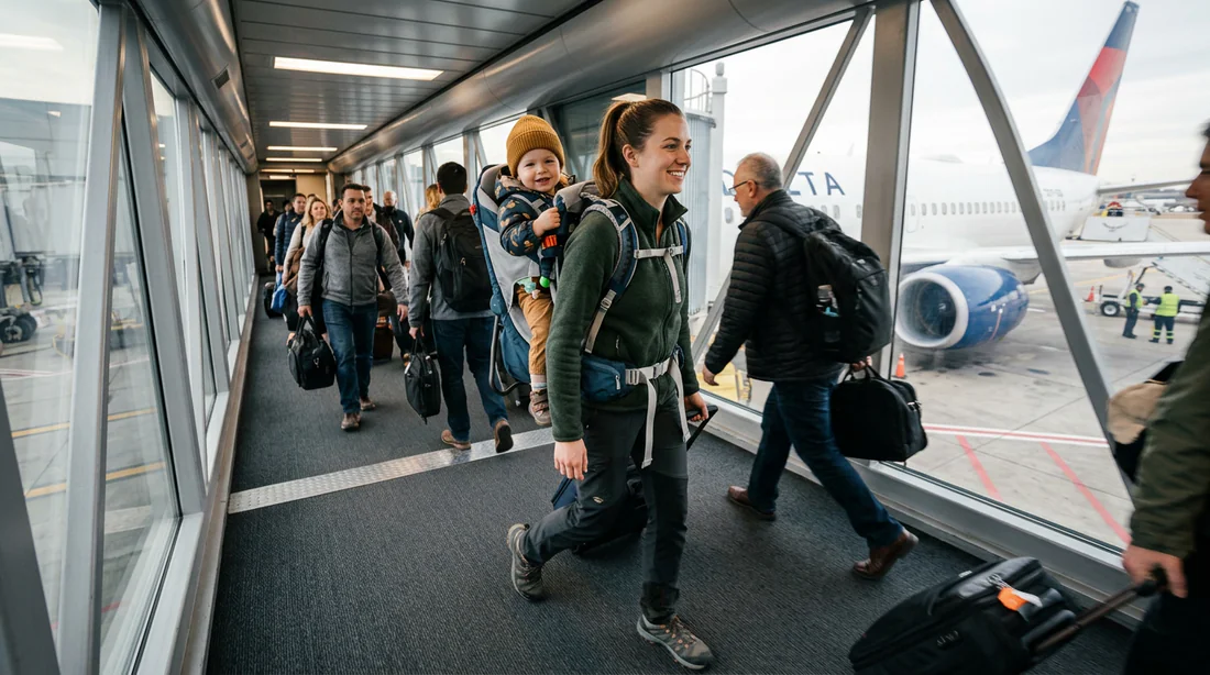 Mère portant son enfant dans un porte-bébé technique en train d'embarquer dans l'avion