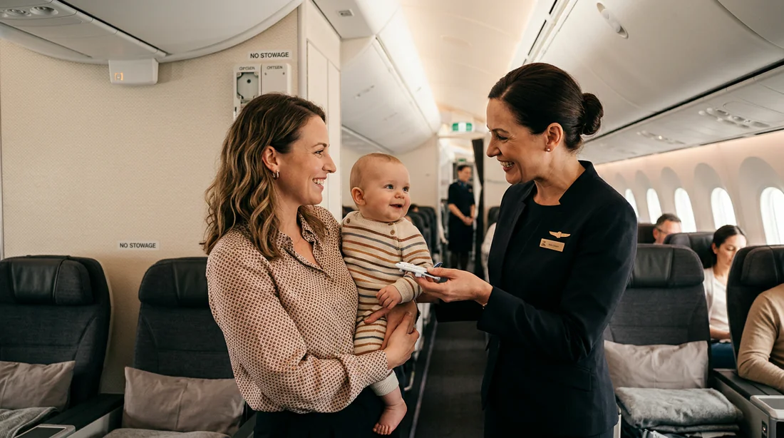 Un parent échangeant avec une hôtesse de l'air à côté d'un emplacement pour berceau bébé