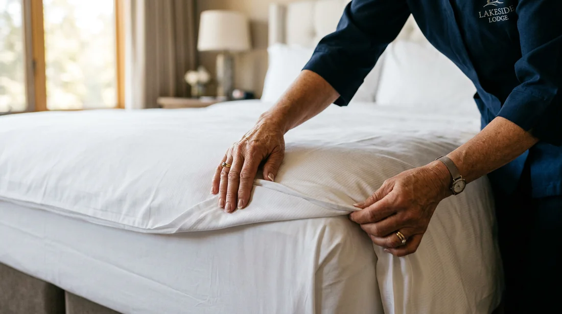 Mains d'une gouvernante ajustant les draps d'un lit dans une chambre d'hôte