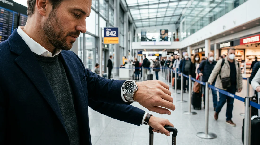 Passager vérifiant sa montre dans un terminal moderne avant son vol Emirates