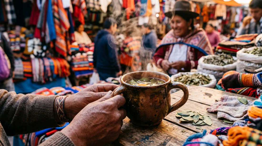 Tasse de maté de coca fumante sur un marché traditionnel
