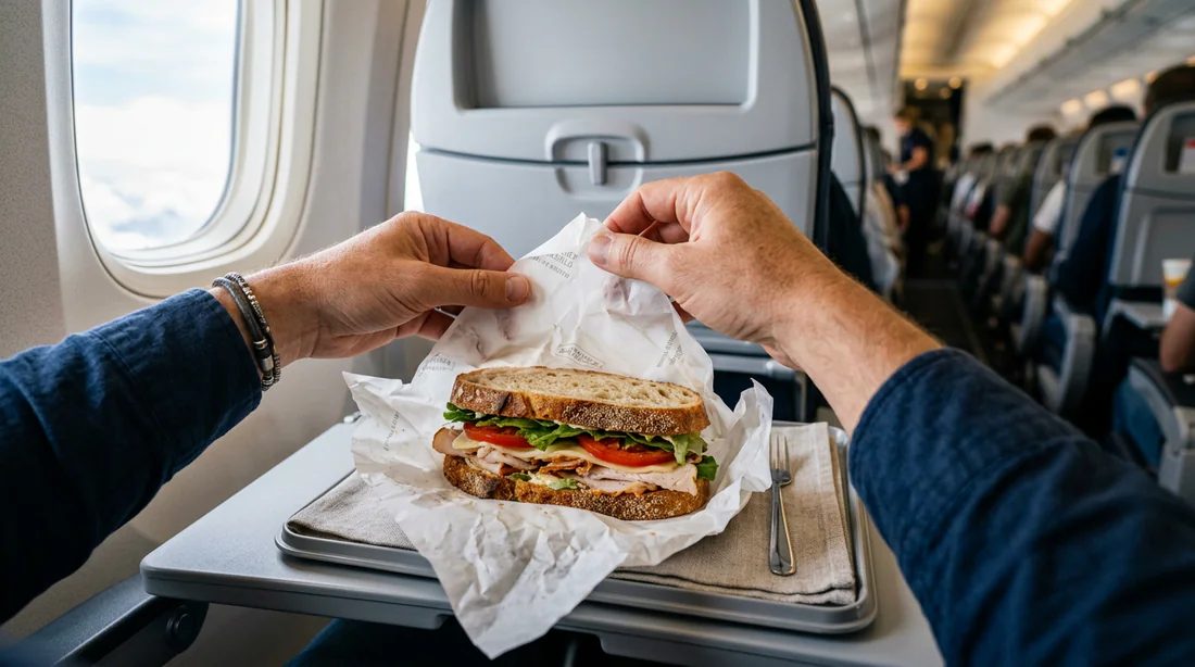 Une personne déballe son sandwich sur sa tablette en plein vol