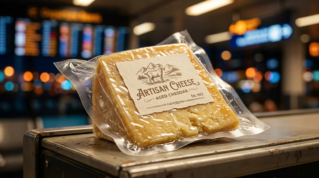 Gros plan sur un fromage sous vide prêt pour le transport en soute