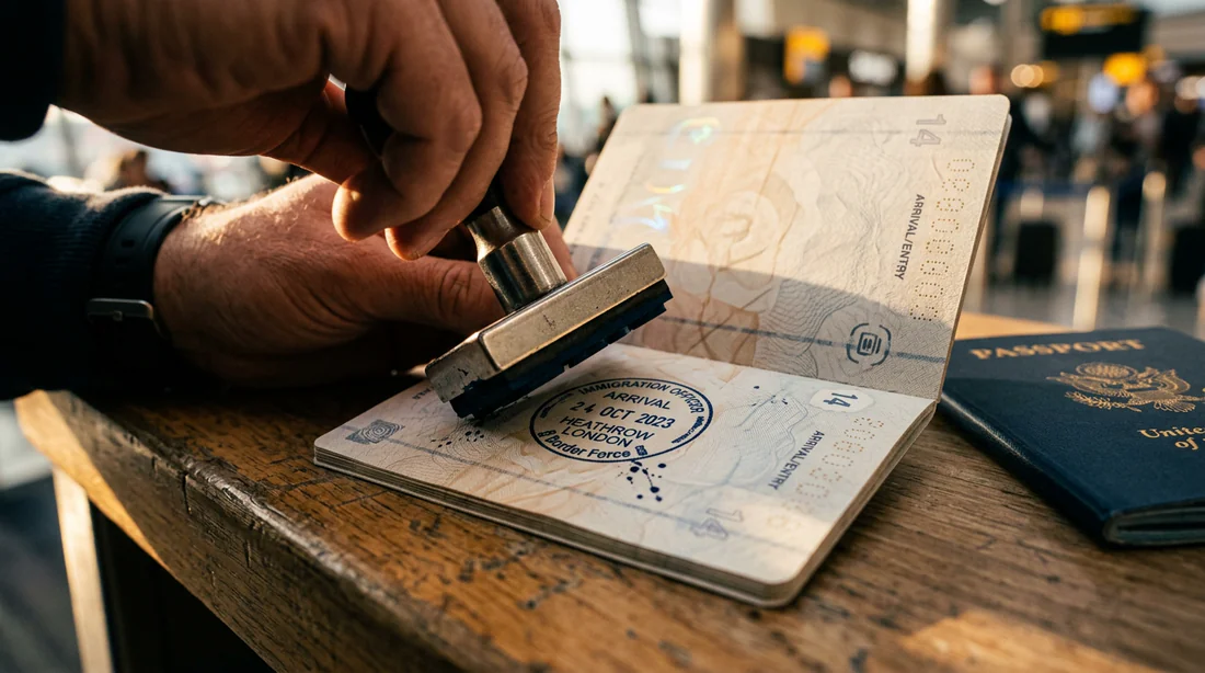 Tampon sur un passeport confirmant l'autorisation de voyage.