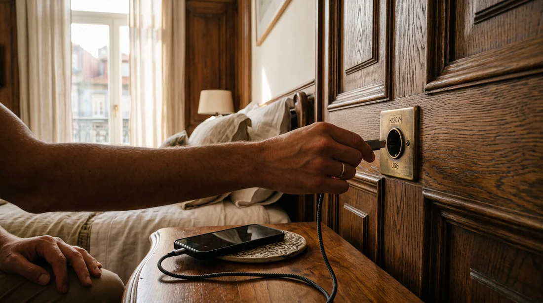 Un voyageur branche son chargeur dans une chambre d'hôtel au Portugal
