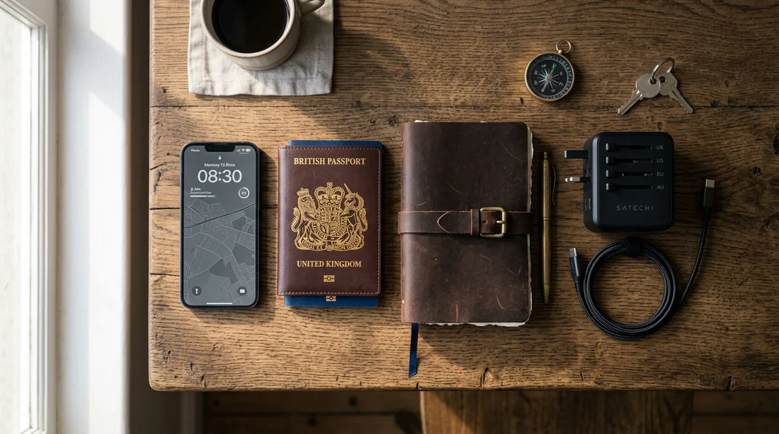 Accessoires de voyage essentiels sur une table en bois