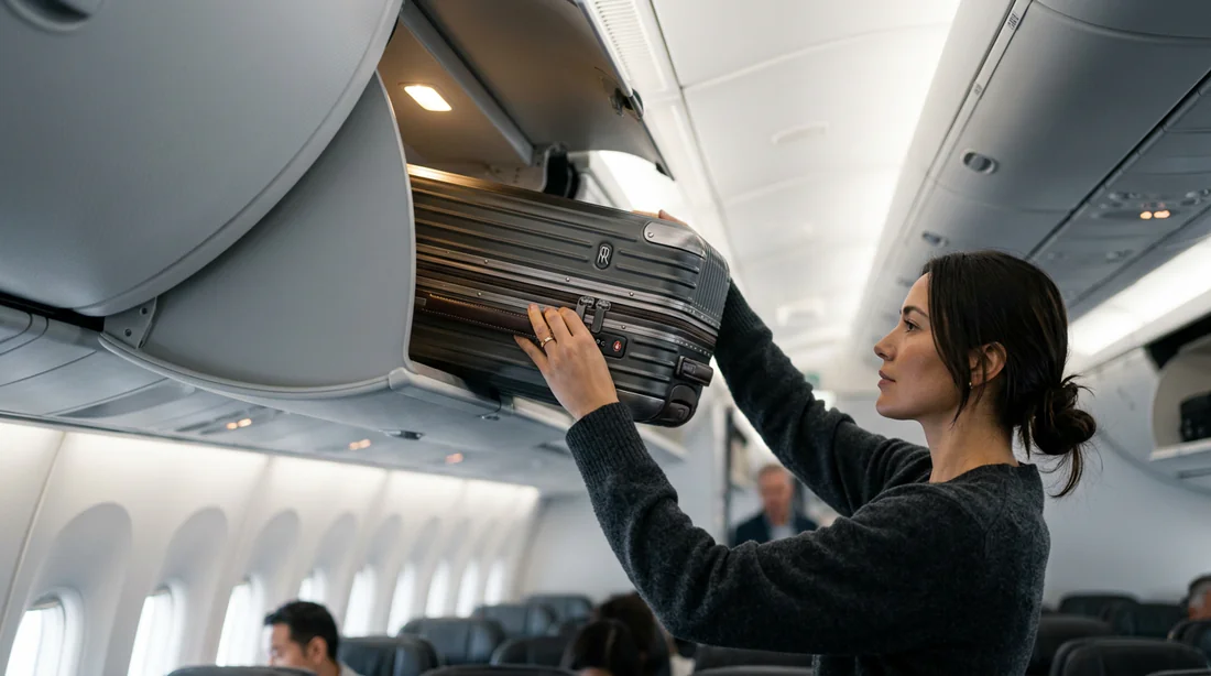 Bagage cabine soigneusement rangé dans le compartiment supérieur d'un avion
